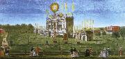 wolfgang amadeus mozart a contemporary artist s view of the structure erected in  green park for the 1749 firework display celebrating the peace of aix la chapelle. Germany oil painting artist